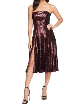 Dress the Population Strapless Sequin Midi Dress in Wine